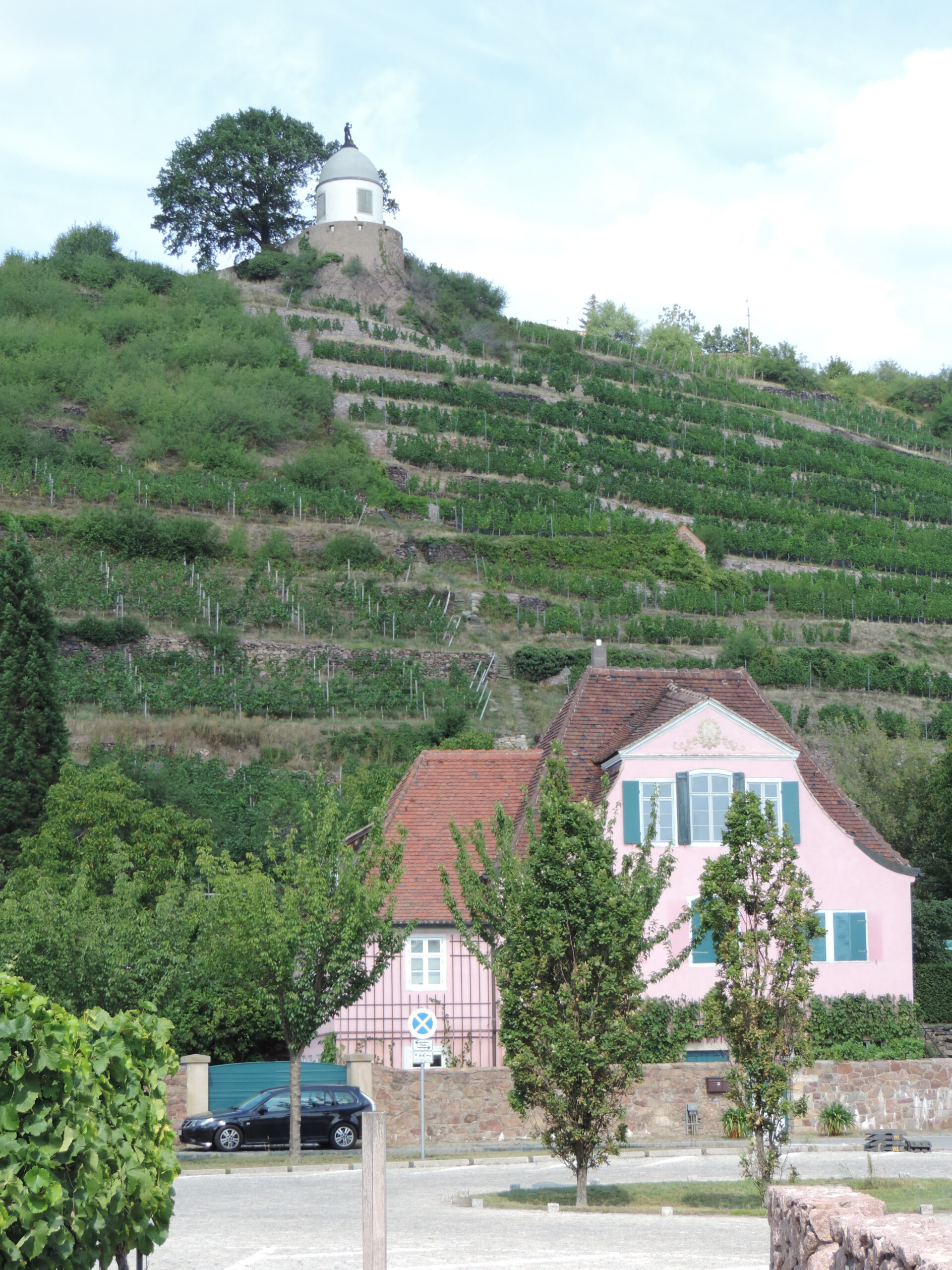 Terrassierter Weinberg mit einem Pavillon auf der Anhöhe
